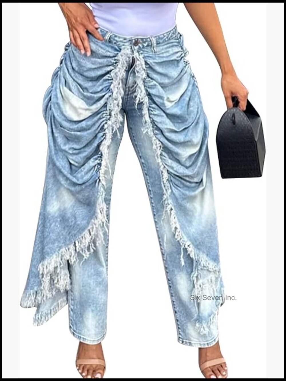 High Waisted Straight Jeans Raw Trim Patchwork Denim Plus Size Streetwear